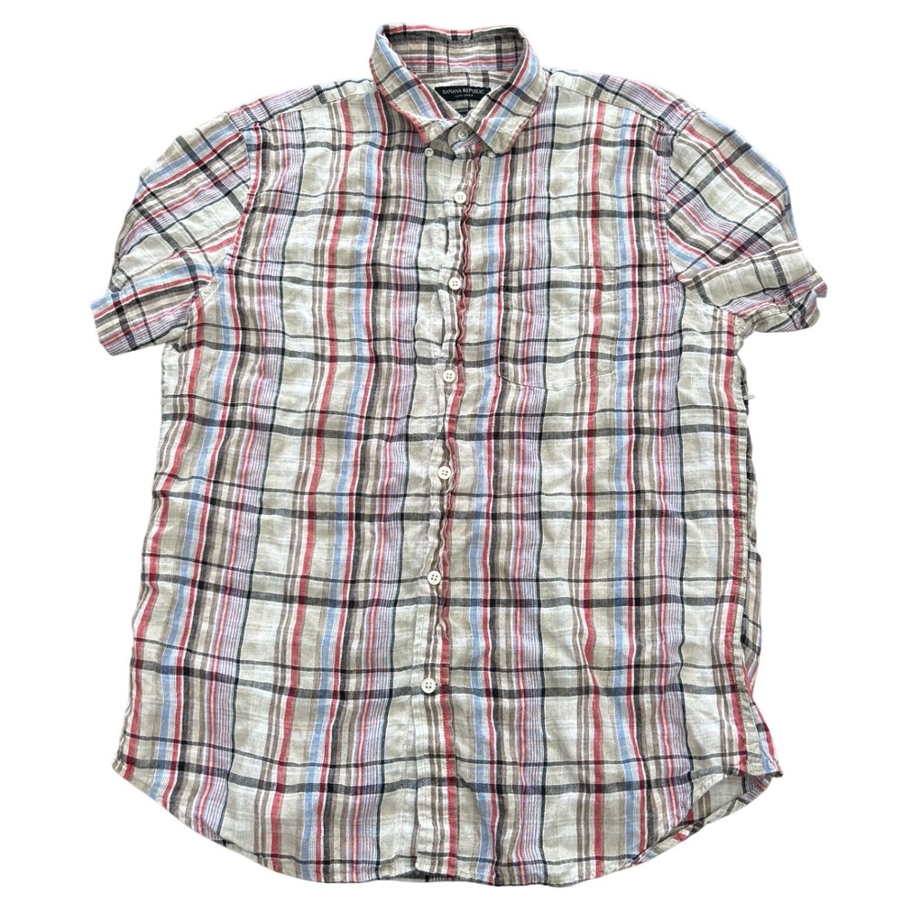 Banana Republic Mens M Camden Standard Fit 100% Linen Plaid Short Sleeve Shirt